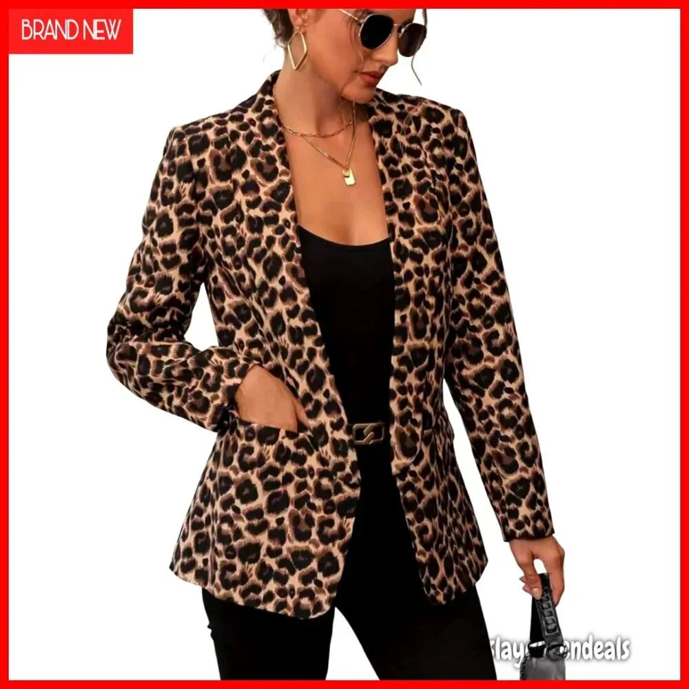 Faux Suede Leopard Blazer Open Front Slim Fit Long Sleeve Work Office